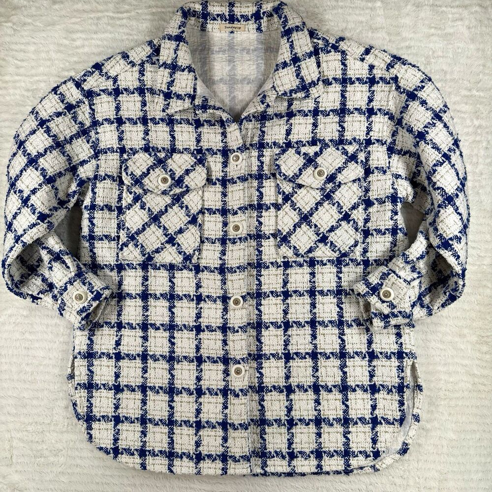 EUC Sunday Up Blue White Plaid Bouclé  Tweed Shacket Shirt Jacket Sz Small